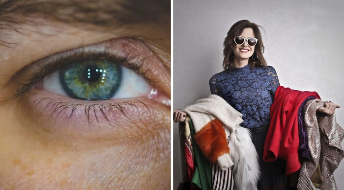 Close-up of a green eye reflecting LED lights and a smiling woman holding multiple clothes for a truth or dare poll concept.