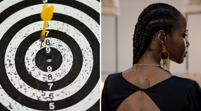 Yellow dart hitting the bullseye on a target next to a woman with braided hair showing a butterfly tattoo on her back - truth or dare poll