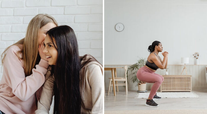 Two young women whispering secrets while a woman exercises indoors, illustrating a truth or dare poll concept.