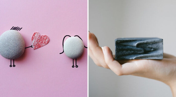 Creative illustration of two stones with drawn features on pink background and a hand holding a bar of soap, related to truth or dare poll.