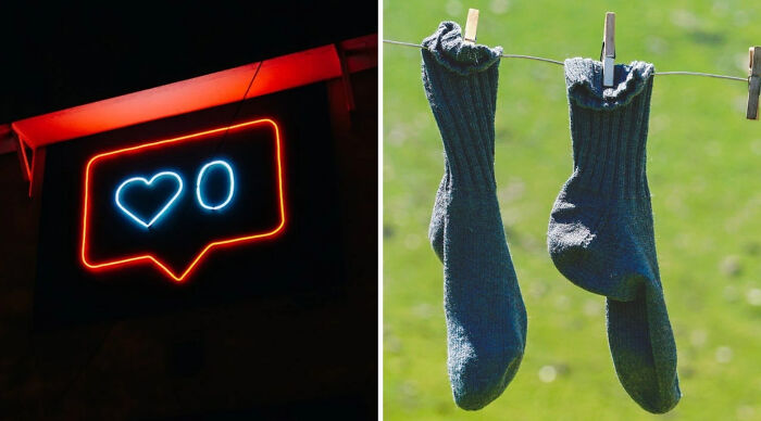 Neon sign showing zero likes at night and a pair of gray socks hanging on a clothesline in daylight for truth or dare poll.
