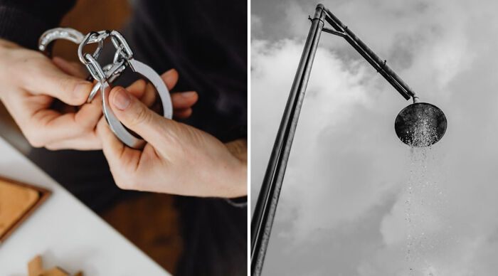 Person holding metal handcuffs in one image, outdoor showerhead with water flowing in black and white photo, related to truth or dare poll.