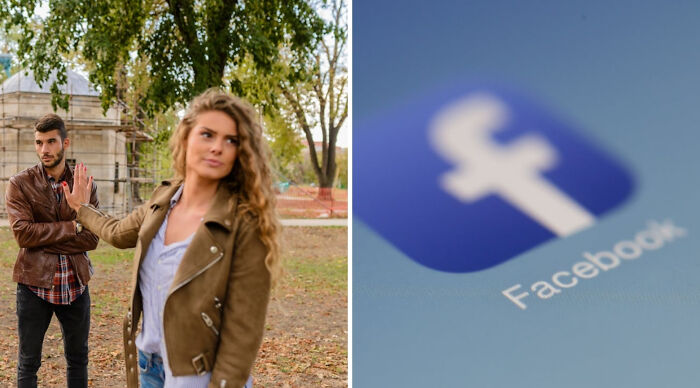 A woman rejecting a man outdoors beside a close-up of the Facebook app icon, illustrating a truth or dare poll concept.