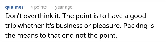 Screenshot of online comment advising not to overthink packing to avoid delays in TSA security lines before boarding.