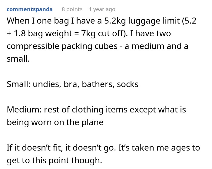 Comment about packing efficiently with two compressible packing cubes to avoid delays in TSA security line before boarding.