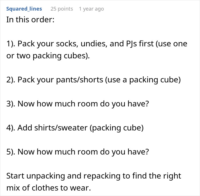 Packing tips for TSA security line efficiency, including organizing clothes with packing cubes to avoid hold-ups before boarding.