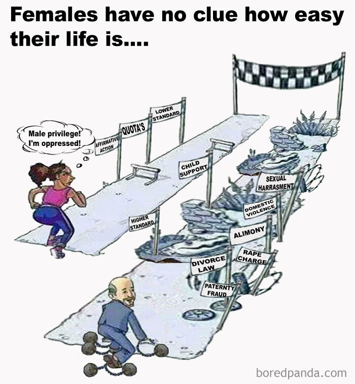 Cartoon depicting gender privilege debate with a woman and man facing different obstacle courses labeled with social issues and legal challenges.
