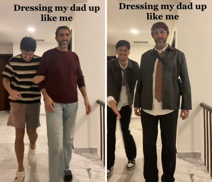 Father and son having fun with stylish dad makeovers, dressing dad up like his son in casual and formal outfits.