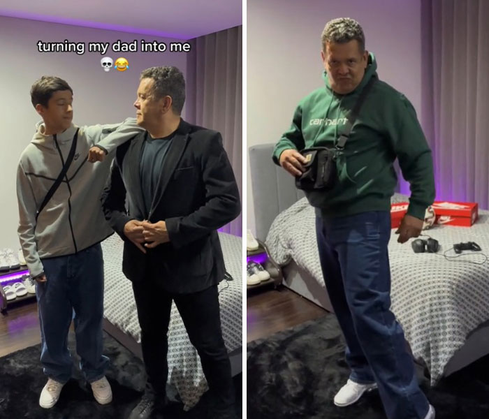 Father and son in a bedroom showing a dad makeover transformation with casual and stylish outfits and accessories.