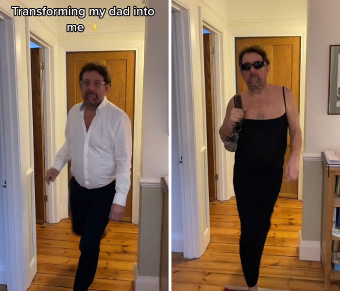Man undergoing dad makeover wearing white shirt then a stylish black outfit and sunglasses indoors