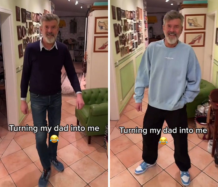 Side-by-side photos of a man before and after a stylish dad makeover, showcasing an awesome dad transformation.