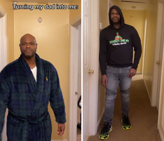 Man in a hallway before and after a stylish dad makeover, showcasing transformation in clothing and attitude.