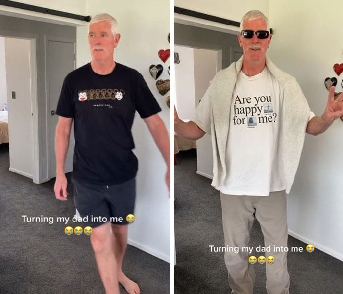 Older man before and after a stylish dad makeover wearing casual outfits and sunglasses indoors, demonstrating an awesome dad makeover.