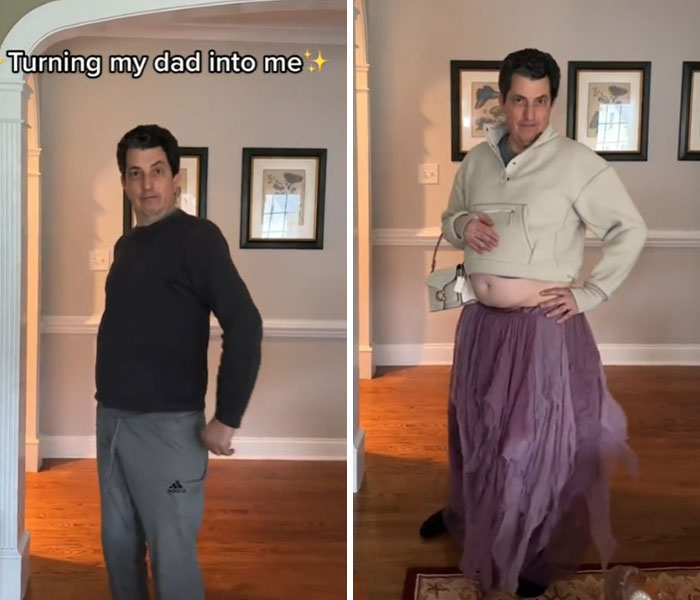 Dad makeover transformation showing unexpected style and outfit change with playful and confident poses indoors.