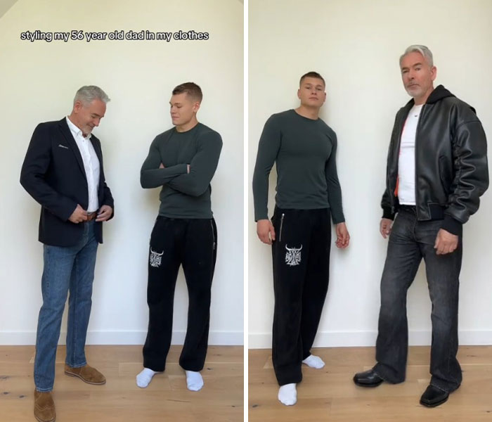 A young man giving his dad a stylish makeover, featuring trendy outfits and cool dad fashion transformations.