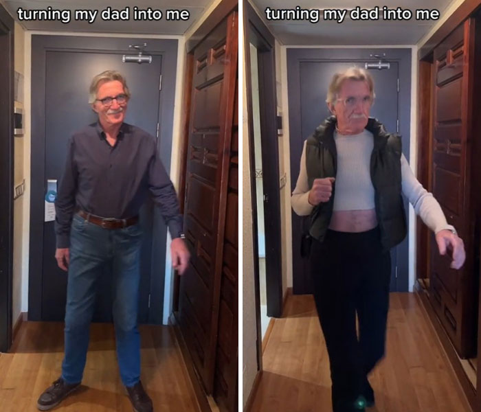 Man before and after an unexpected dad makeover, showcasing a unique transformation as part of turning my dad into me.