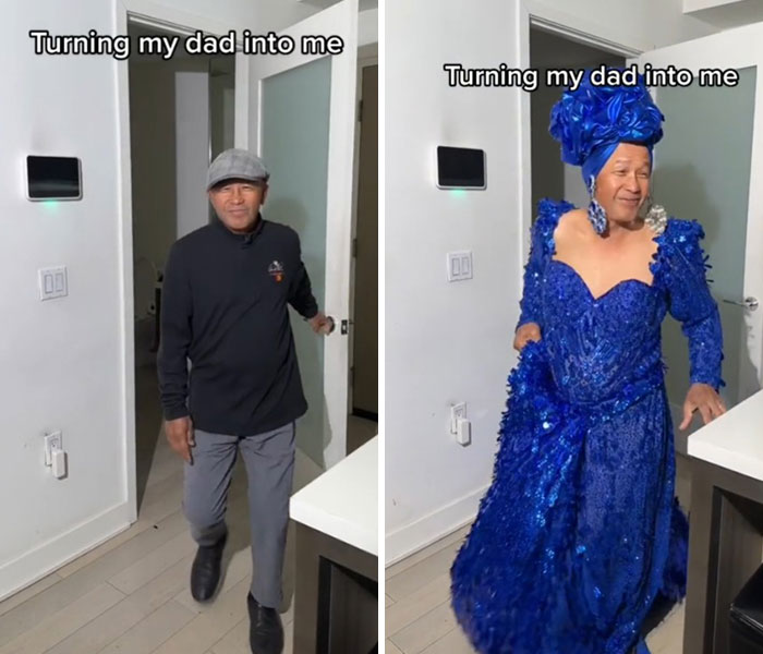 Before and after dad makeover transformation, featuring a casual outfit and a dazzling blue dress in a home setting.