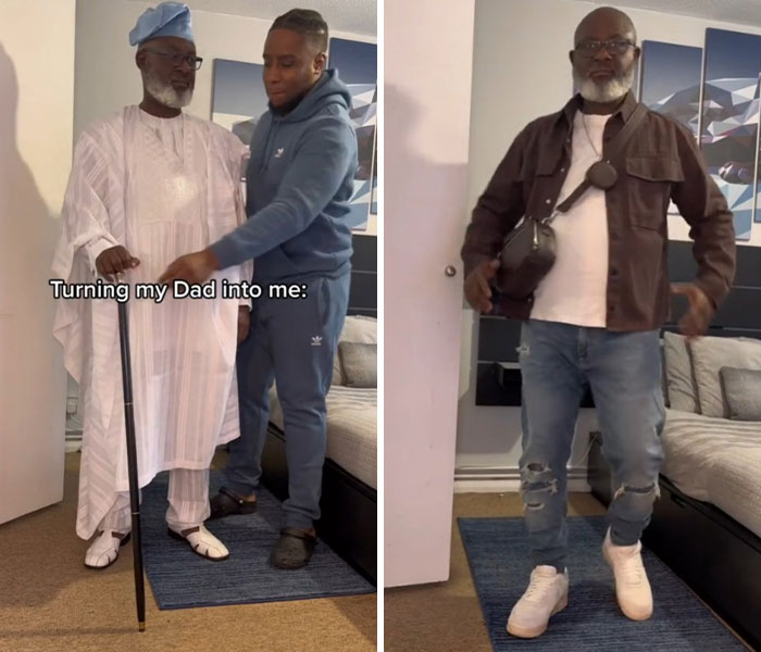 Before and after dad makeover showing traditional outfit transformed into casual modern style with jeans and jacket.