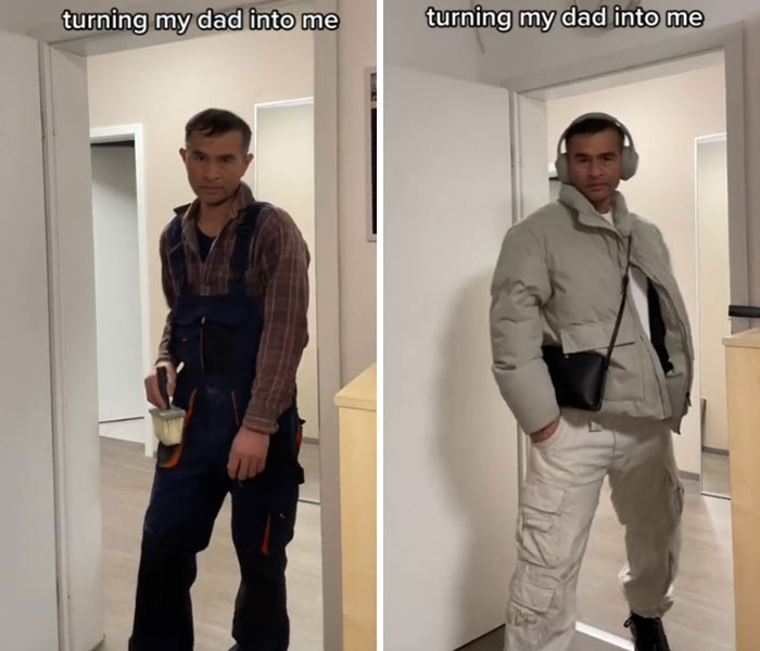 Man undergoing a dad makeover wearing casual clothes and then a stylish outfit with headphones and a crossbody bag.