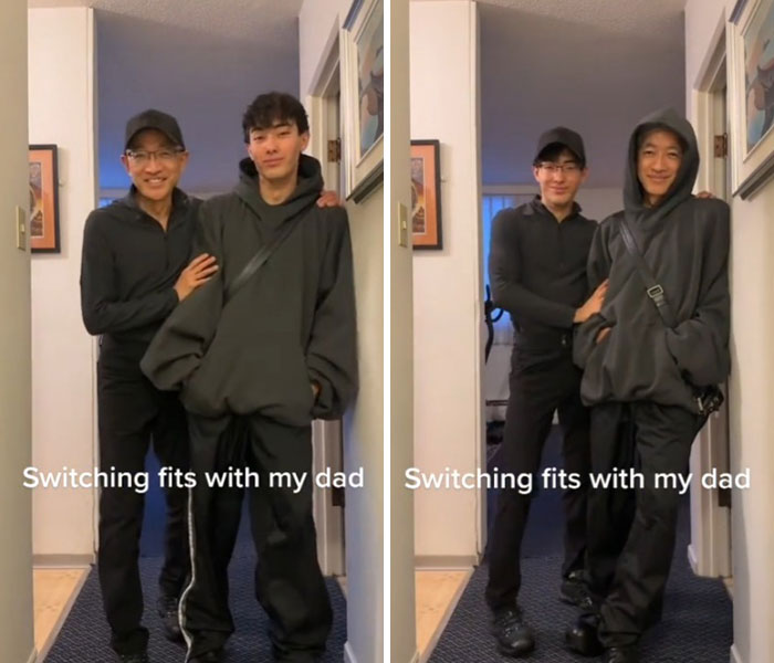 Young man and his dad posing side by side in two frames, showcasing a dad makeover and outfit switch.