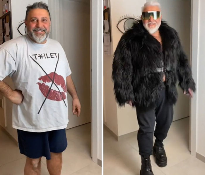 Middle-aged man before and after an unexpected dad makeover, wearing casual clothes then a stylish black fur coat and sunglasses.