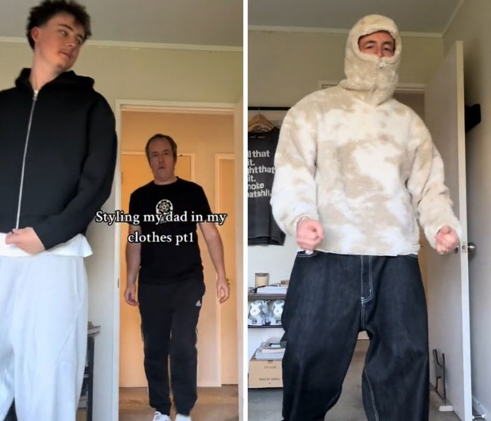 Young man styling his dad in modern clothes showing a creative dad makeover transformation in a casual indoor setting.