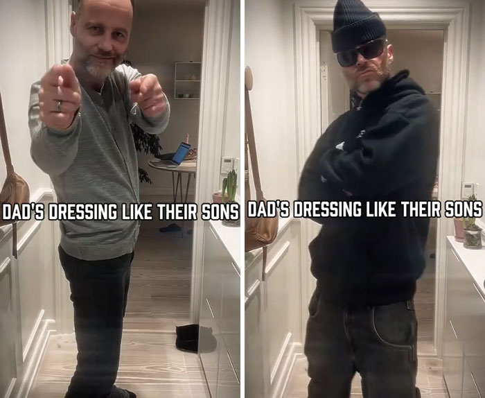 Dad makeover transformation showing a father dressed in casual and streetwear styles like his son.