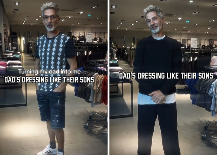 Dad makeover transformation showing casual and modern styles in a clothing store, highlighting dad dressing like their sons.