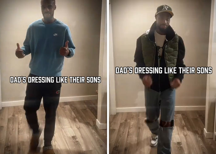 Two dads posing indoors showing off their new looks with casual outfits in unexpected dad makeovers.