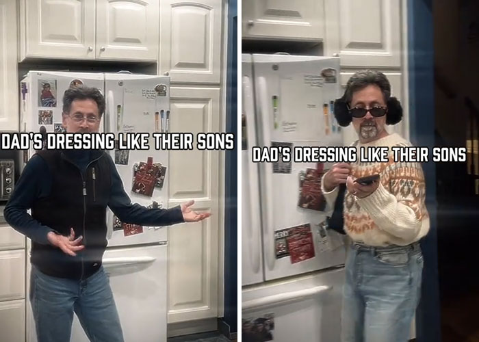 Man before and after dad makeover wearing casual and retro outfits, showcasing dad transformations and unexpected style changes.