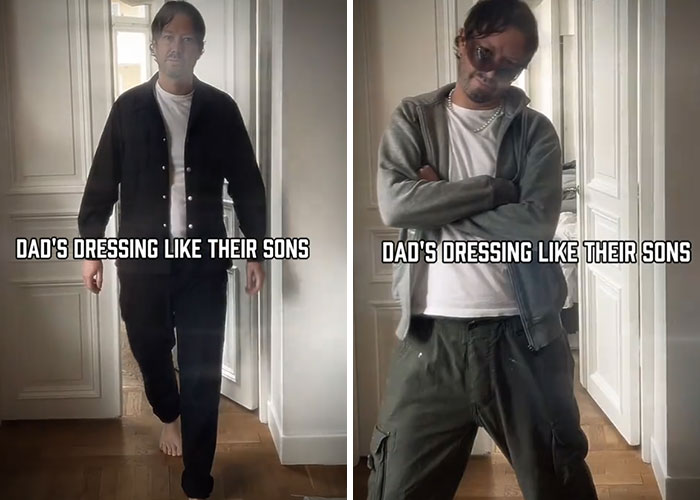 Side-by-side images showing dad makeovers with dads dressed like their sons in casual outfits and sunglasses