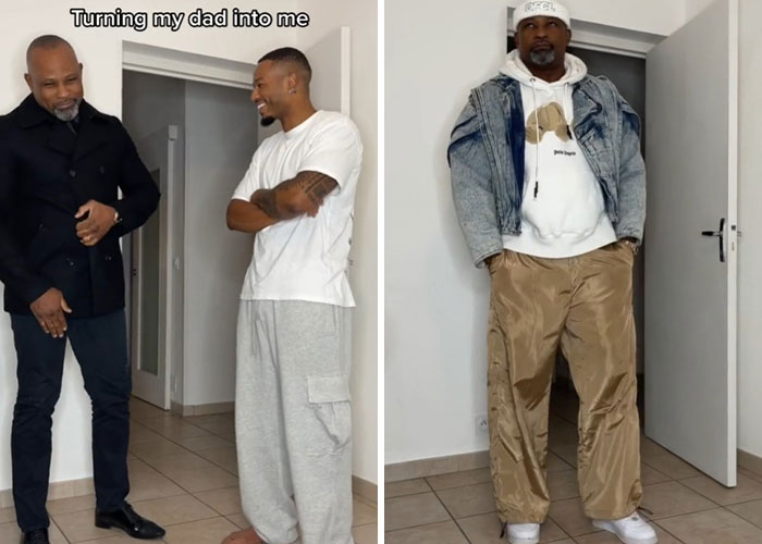 Father and son before and after a dad makeover, featuring stylish casual and modern denim outfits indoors.