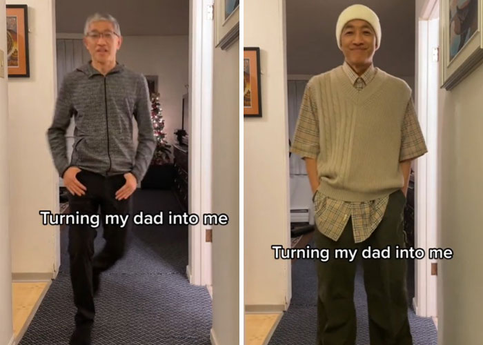 Before and after dad makeover showing stylish transformation inspired by son in casual and trendy outfits at home hallway.