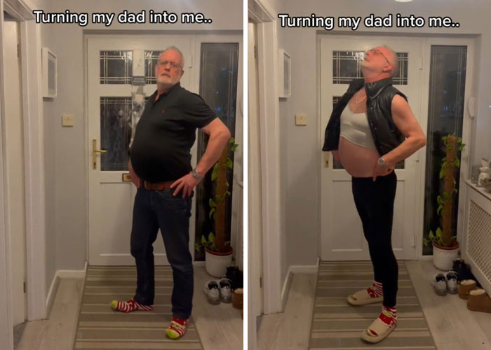 Dad makeover transformation showing a father posing in casual and humorous outfits in a home hallway setting.