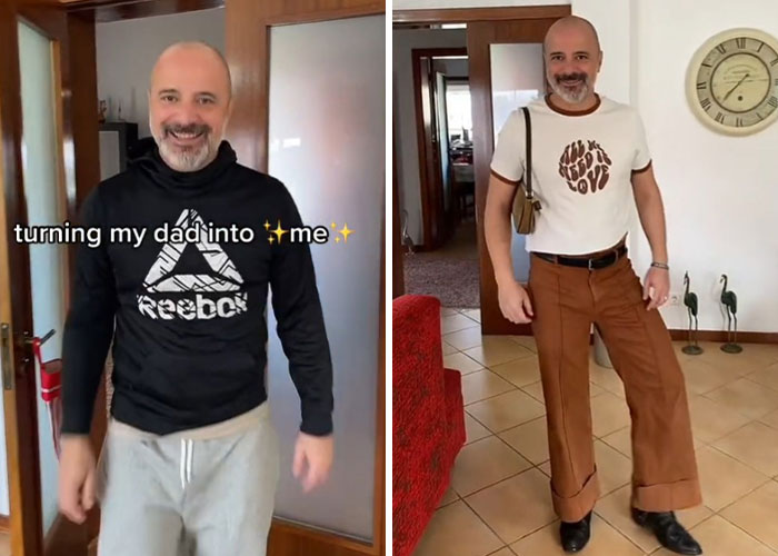 Before and after dad makeover showing casual sportswear and trendy vintage-inspired outfit with wide pants and graphic tee.