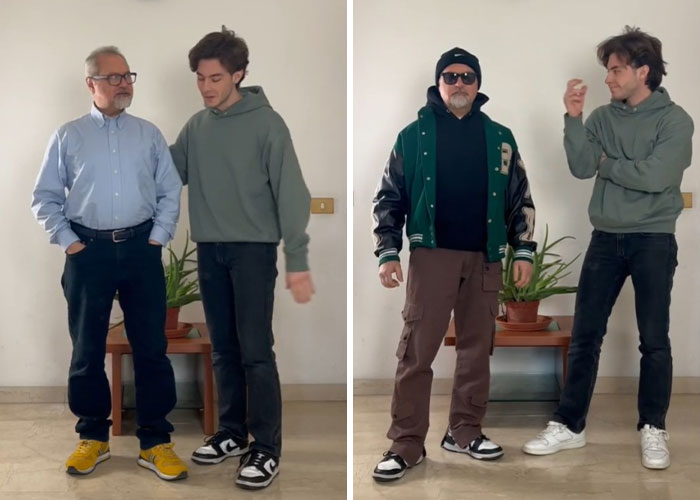 Before and after dad makeover photos showing fashion transformation with casual and modern style in a dad makeover session.