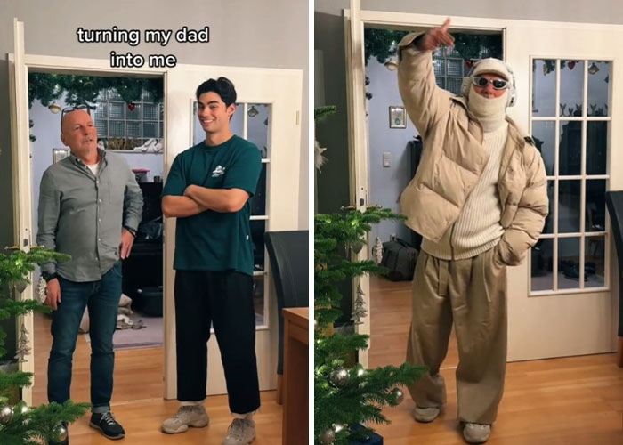 Dad makeover transformation showing before and after style change with trendy outfit and accessories indoors.