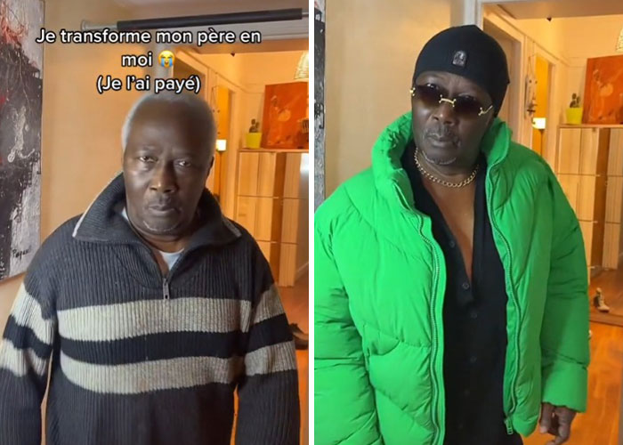 Before and after dad makeover showing transformation with stylish green jacket, sunglasses, and accessories in a dad makeover series.