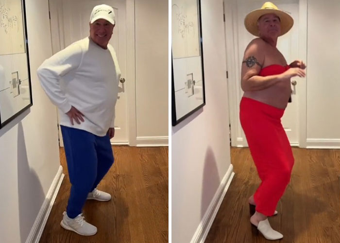 Man posing confidently in casual wear and later in a bold dad makeover outfit with a hat indoors at home hallway