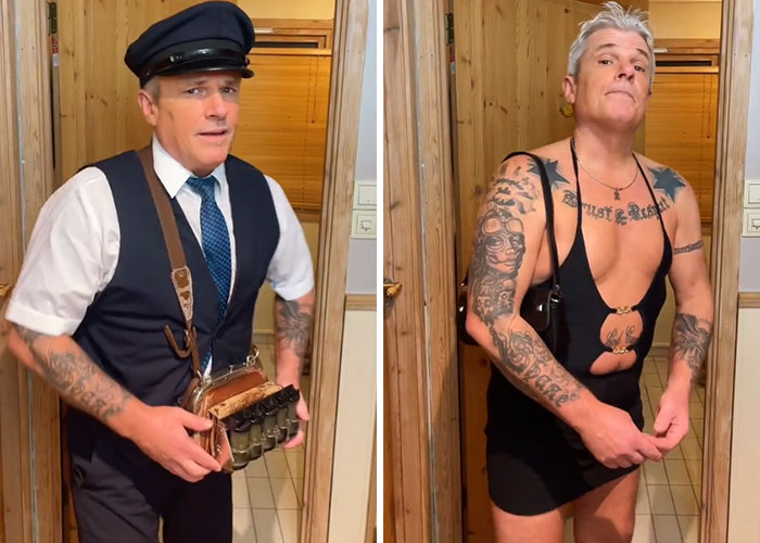 Man with tattoos wearing vintage train conductor outfit and man with tattoos in edgy black dress showing dad makeover transformation.