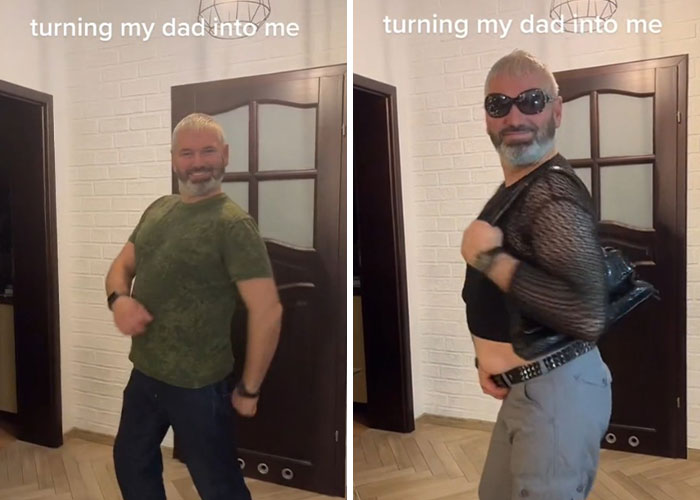 Man undergoing dad makeover with casual green shirt and then dressed in black crop top and sunglasses indoors turning my dad into me