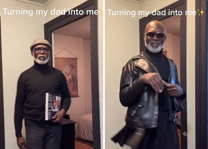 Before and after dad makeover showing stylish transformation with modern leather jacket and sunglasses in casual setting.