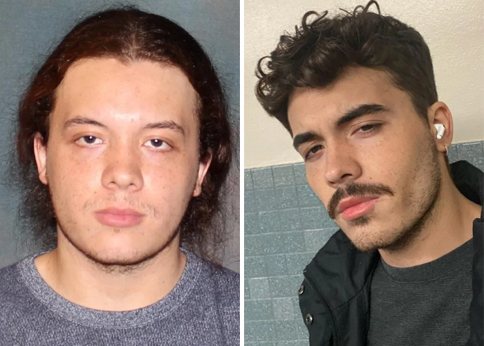 Side-by-side photos showing an inspiring ugly ducklings glow-up transformation of a young man.