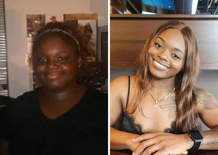 Side-by-side glow-up comparison of a woman showing an inspiring ugly ducklings transformation with a bright smile.