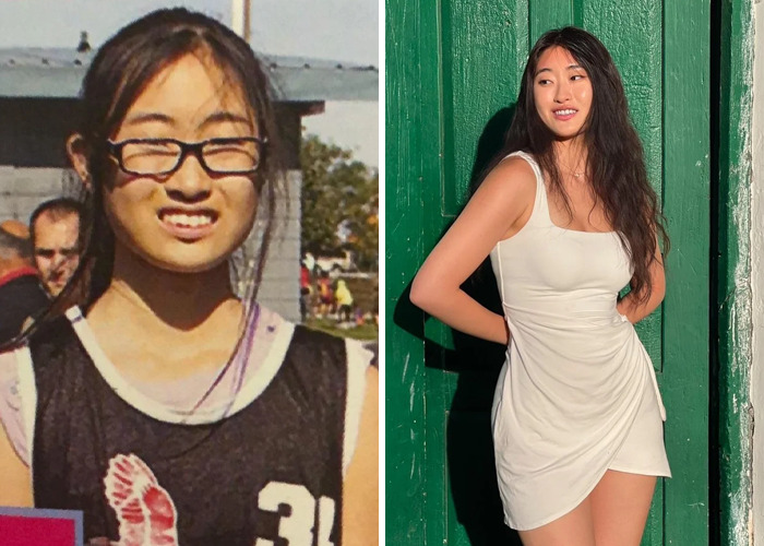 Side-by-side before and after photos of a woman showcasing an inspiring ugly ducklings glow-up transformation.