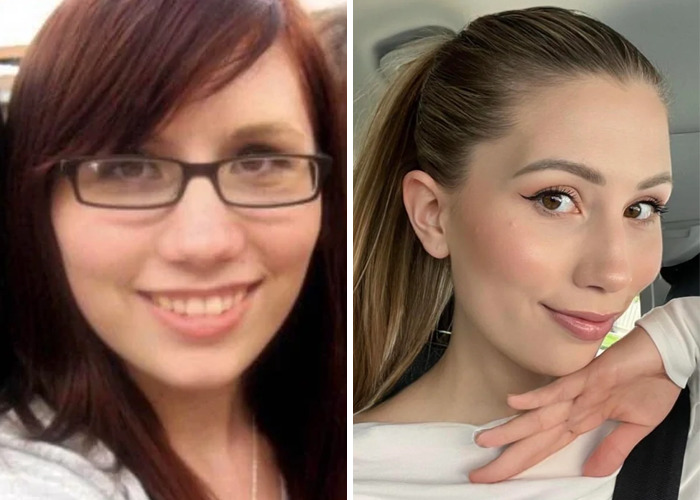 Before and after photos of an inspiring glow-up showing transformation of an ugly duckling with makeup and styling changes.