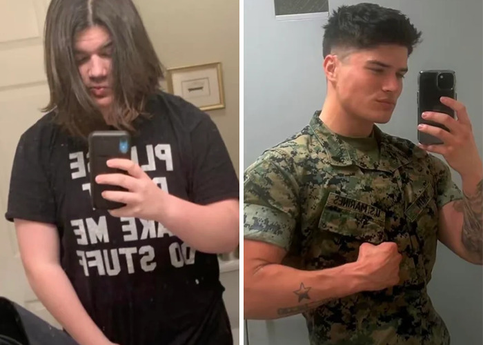 Side-by-side glow-up transformation of a young man, showcasing inspiring ugly ducklings before and after photos.