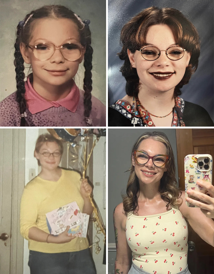 Before and after glow-up photos of a woman showing inspiring ugly ducklings transformation over time.