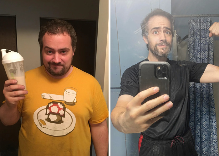 Before and after glow-up of a man showing inspiring ugly ducklings transformation with improved fitness and confidence.