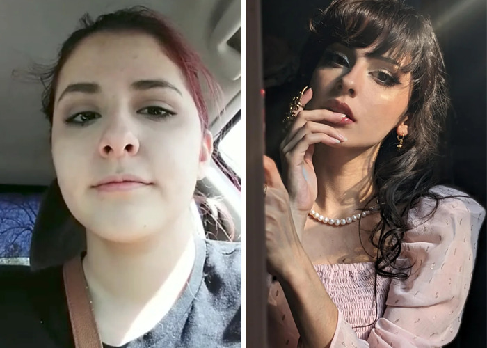 Side-by-side comparison of an inspiring ugly duckling glow-up showing before and after transformations.